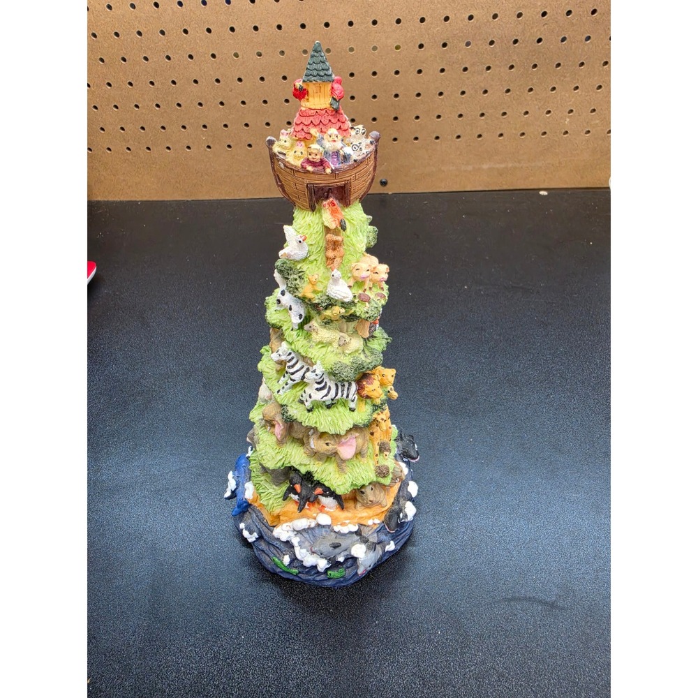 Noahs Ark Animal Tree Music Box Resin Figurine Wind Up Nursery Decor 9.5 Inch